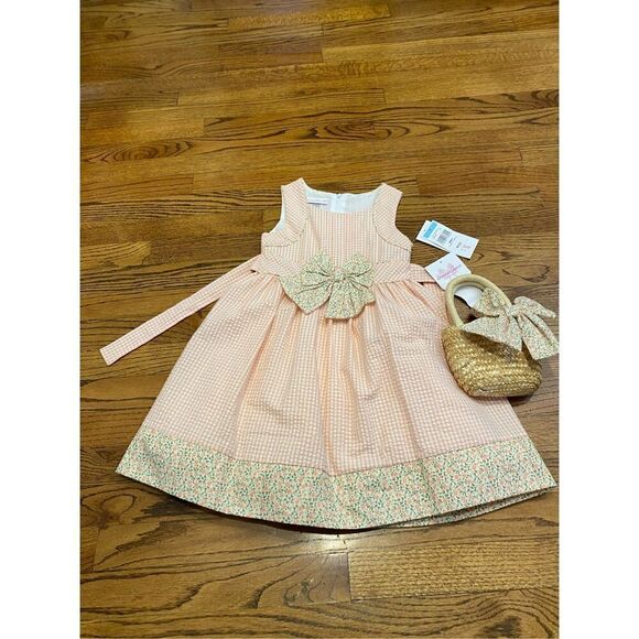 NWT Bonnie Jean girls size 5 seersucker bow dress with matching straw purse